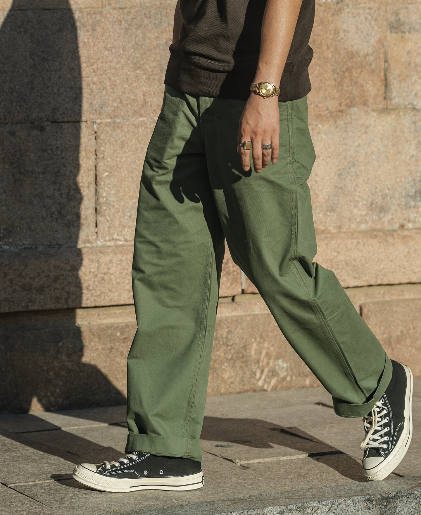 Pantalon Chino Kaki Vert Coupe Droite Style Militaire Vintage