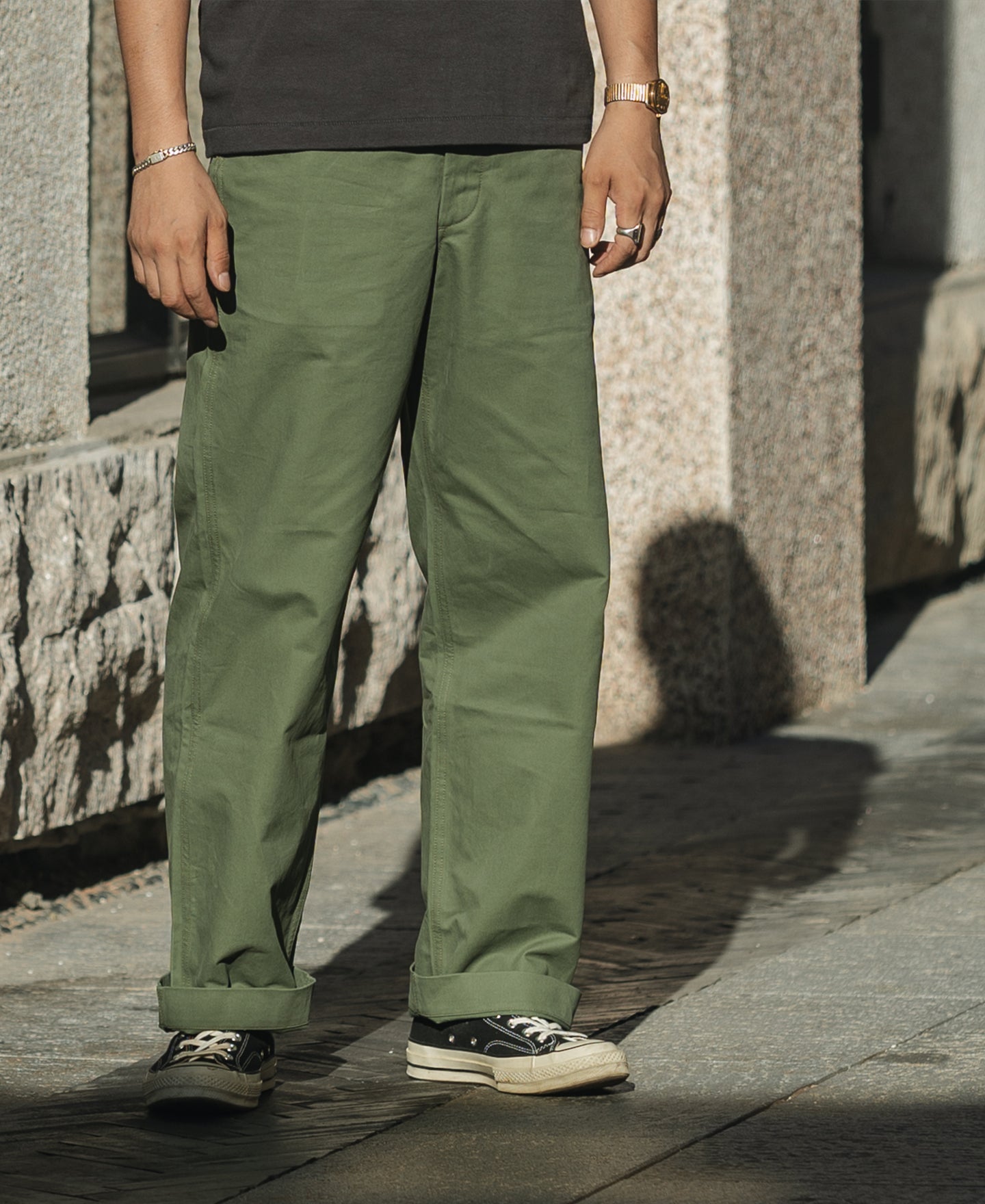 Pantalon Chino Kaki Vert Coupe Droite Style Militaire Vintage