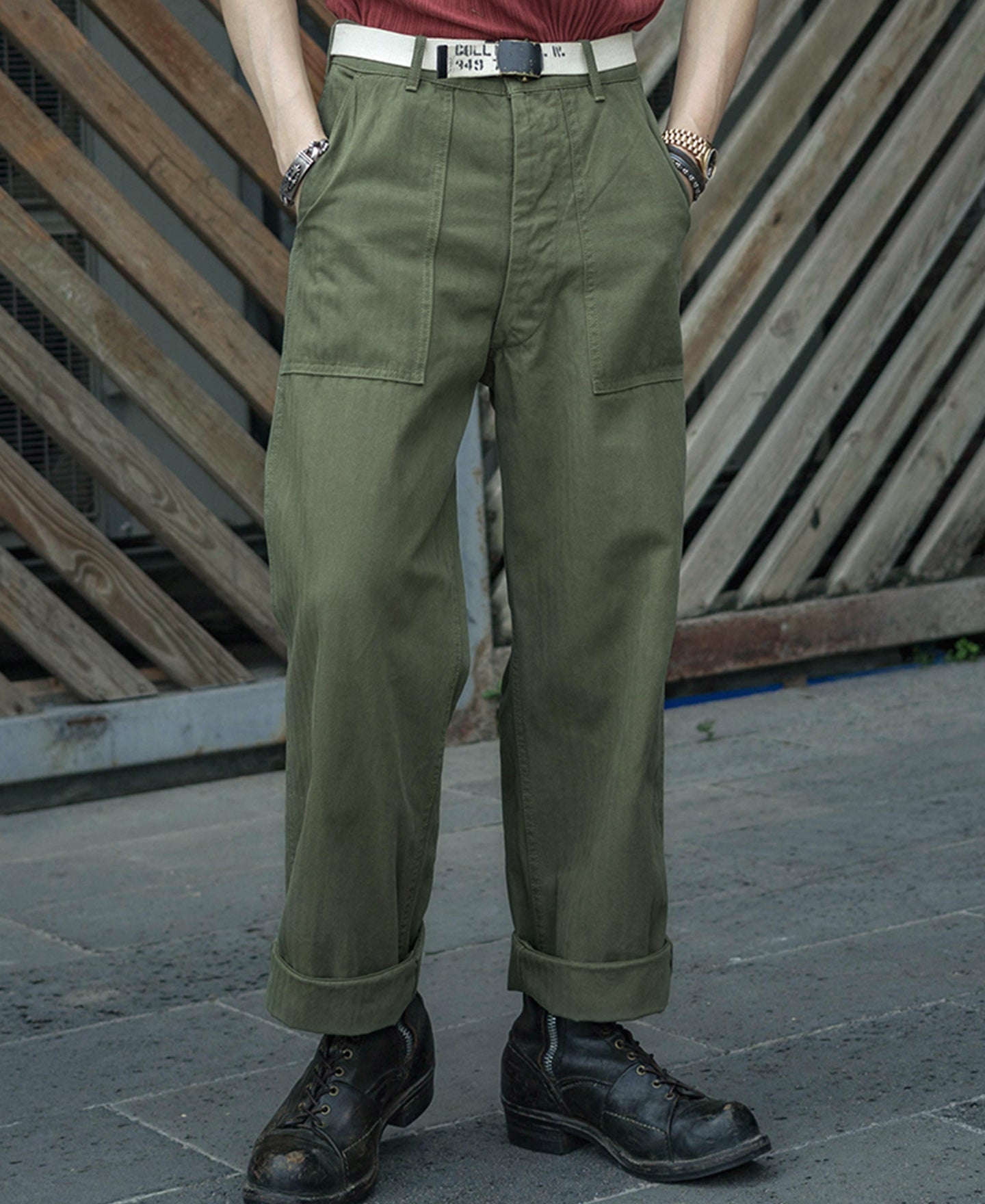 Pantalon treillis coupe décontractée vert olive, jambe large, style workwear