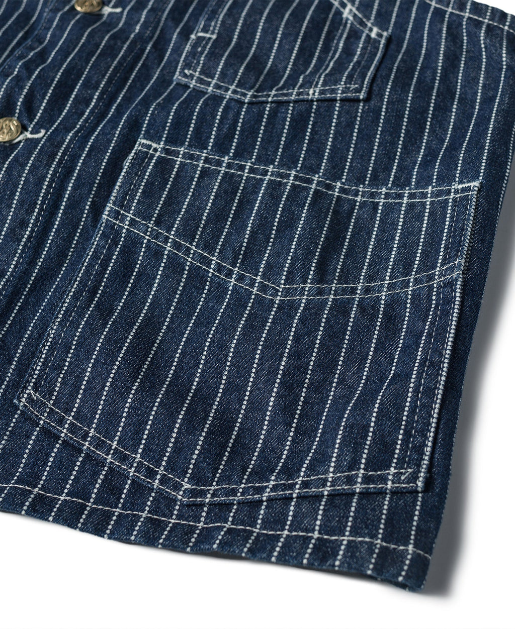 Gilet de travail sans manches à col en V, rayé indigo, avec poches multiples et fermeture boutonnée