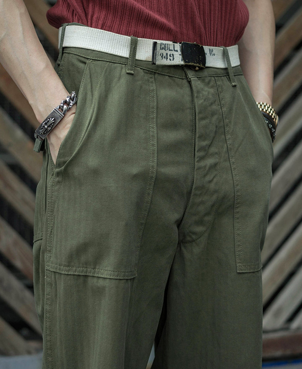Pantalon treillis coupe décontractée vert olive, jambe large, style workwear
