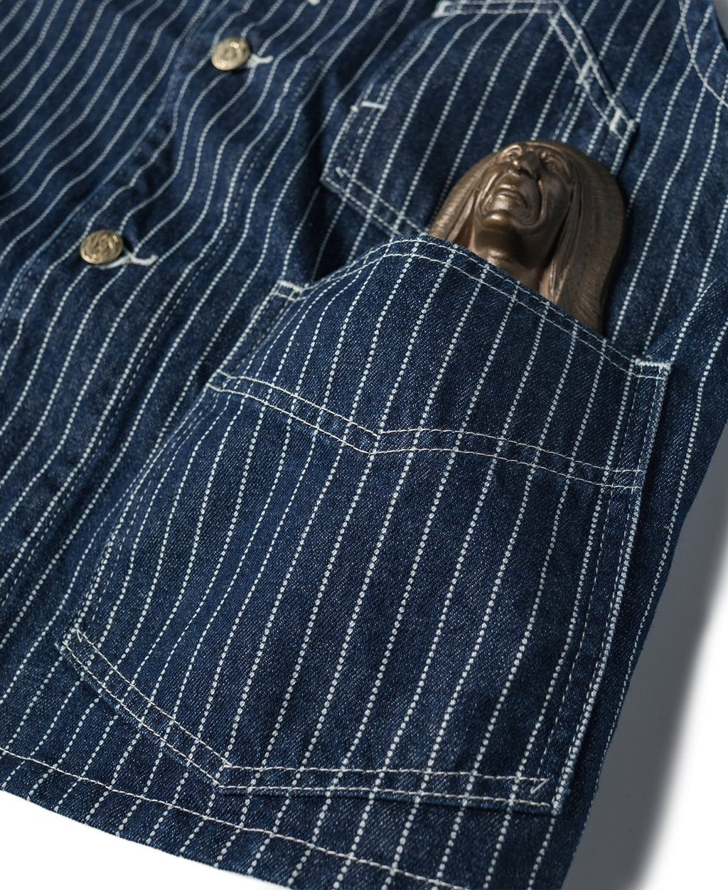 Gilet de travail sans manches à col en V, rayé indigo, avec poches multiples et fermeture boutonnée