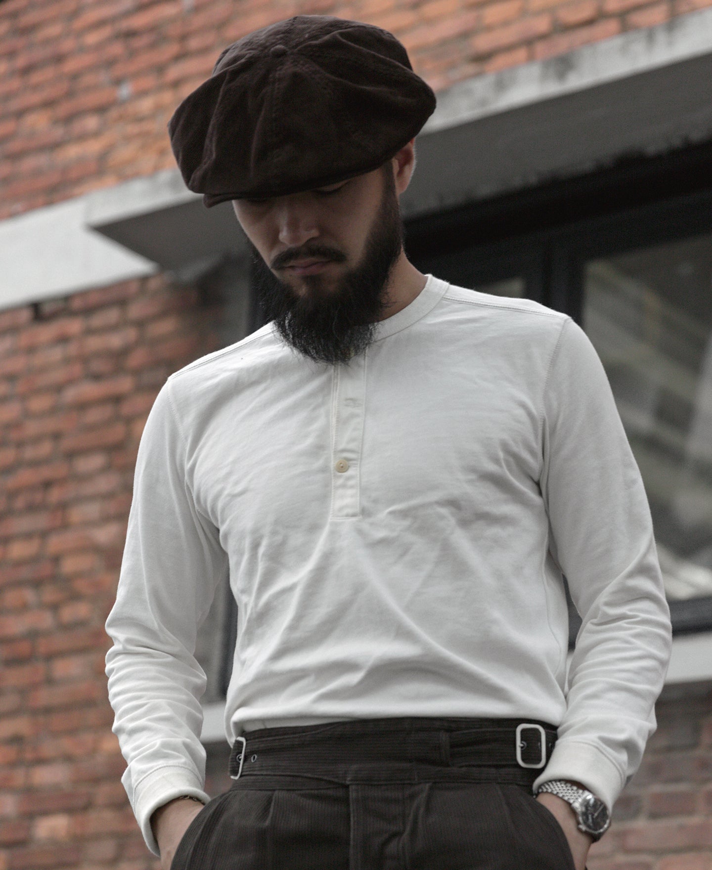 Chemise Henley à manches longues en coton blanc avec patte de boutonnage pour homme