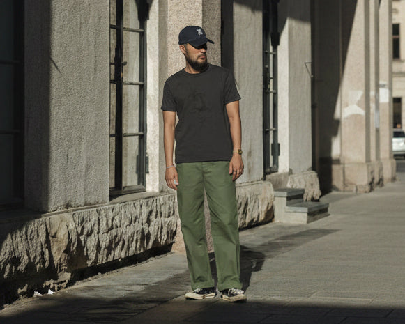 Pantalon Chino Kaki Vert Coupe Droite Style Militaire Vintage