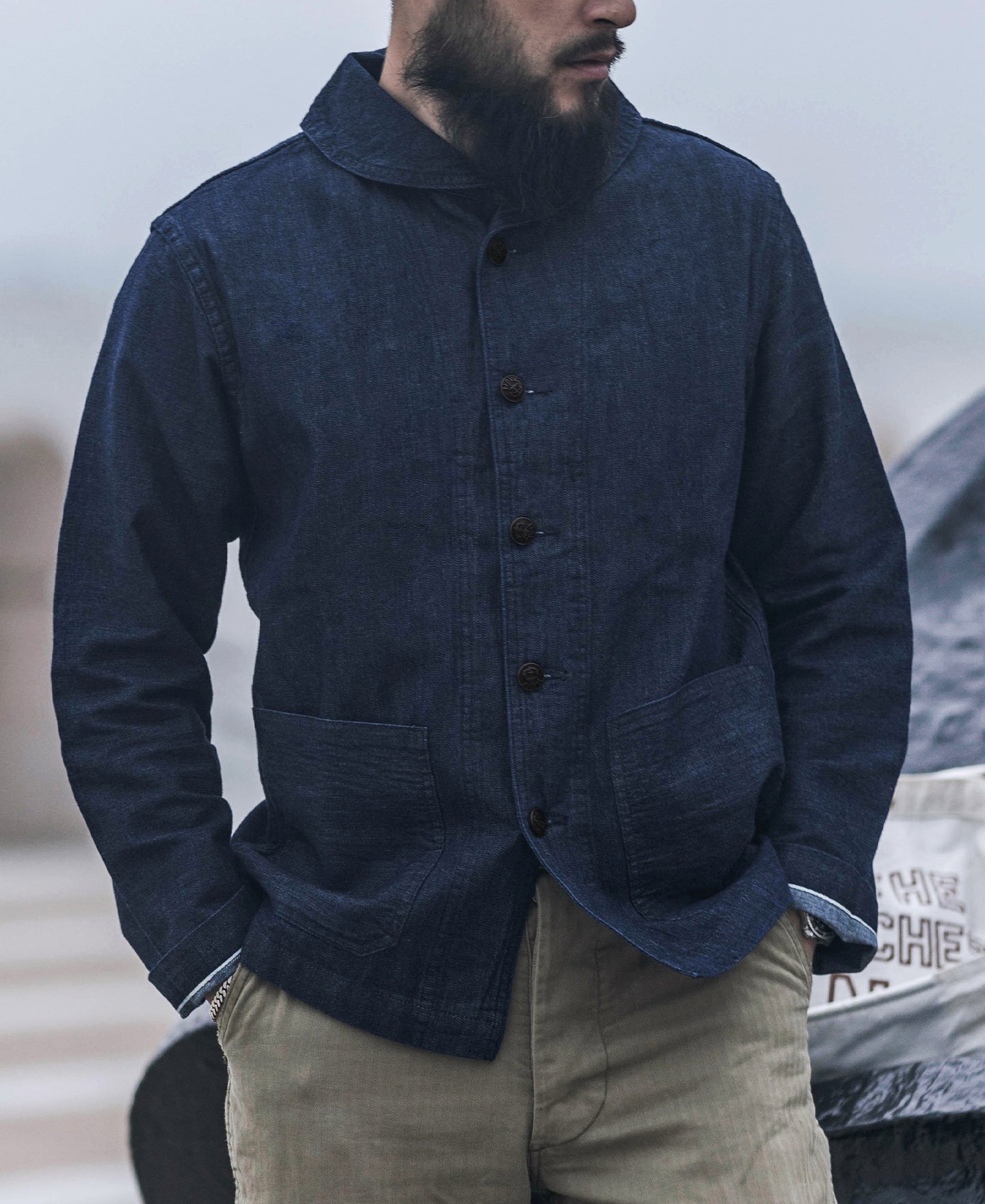 Veste de travail boutonnée col châle en jean indigo style vintage pour homme