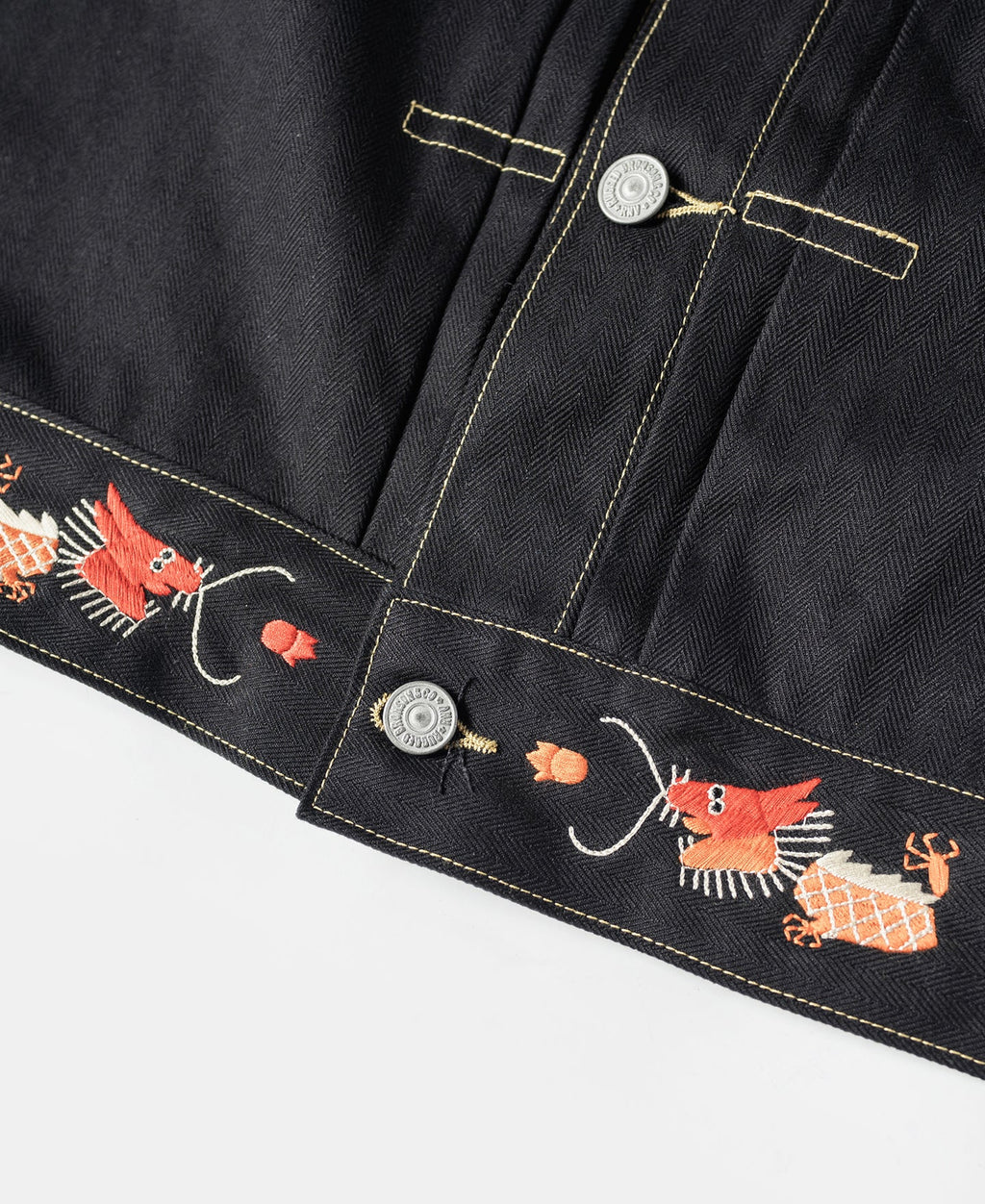 Veste de souvenir Dragon noir brodé surpiquée contrastante à boutons