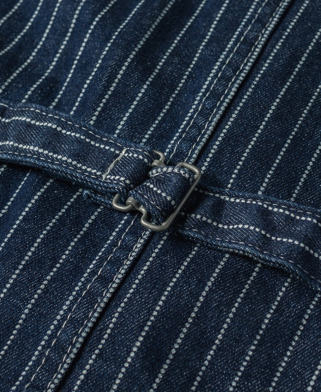 Gilet de travail sans manches à col en V, rayé indigo, avec poches multiples et fermeture boutonnée