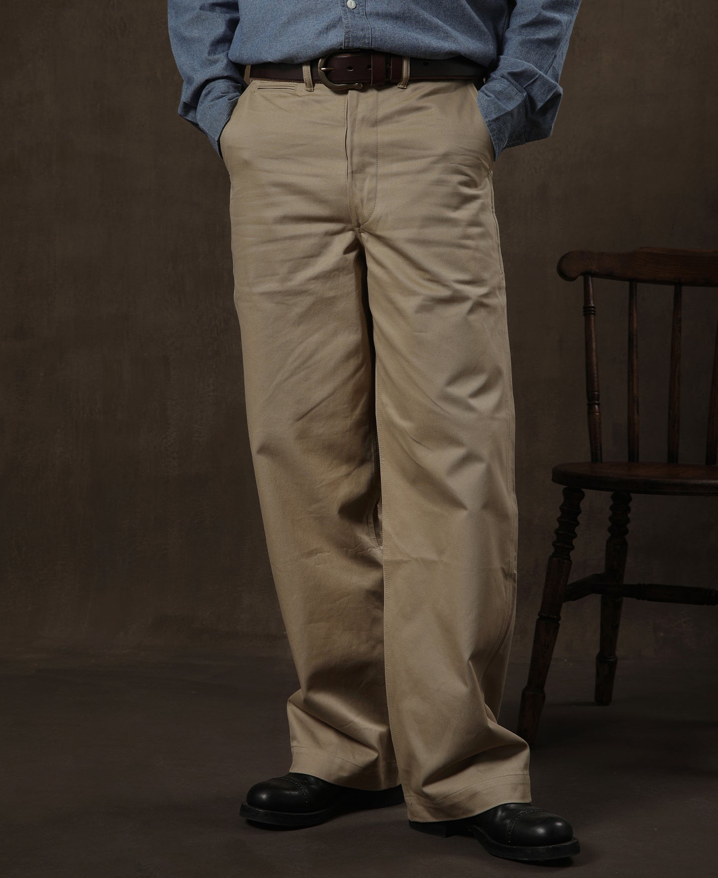 Pantalon Chino Homme Décontracté Coupe Droite Ample Kaki Vintage
