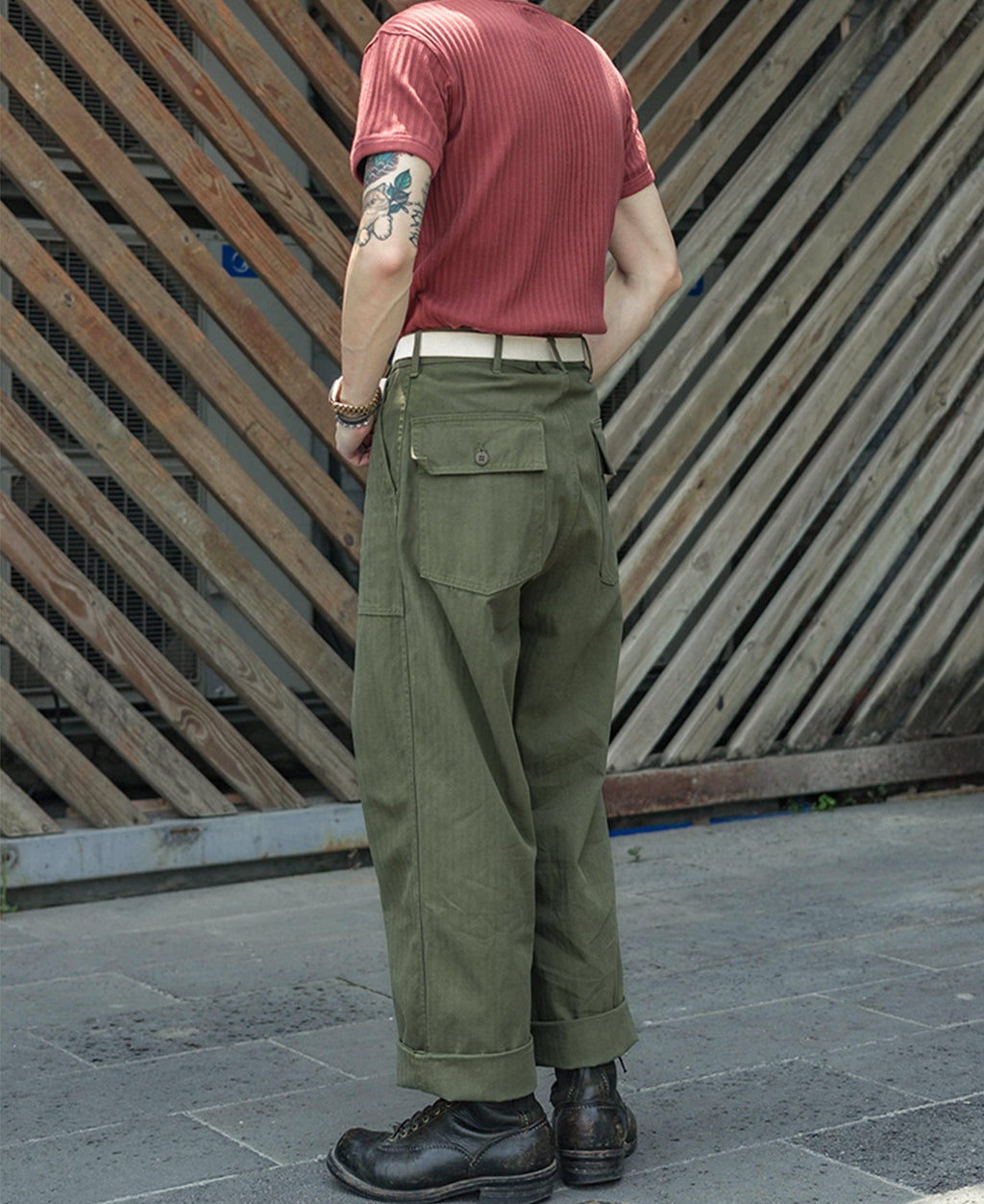 Pantalon treillis coupe décontractée vert olive, jambe large, style workwear