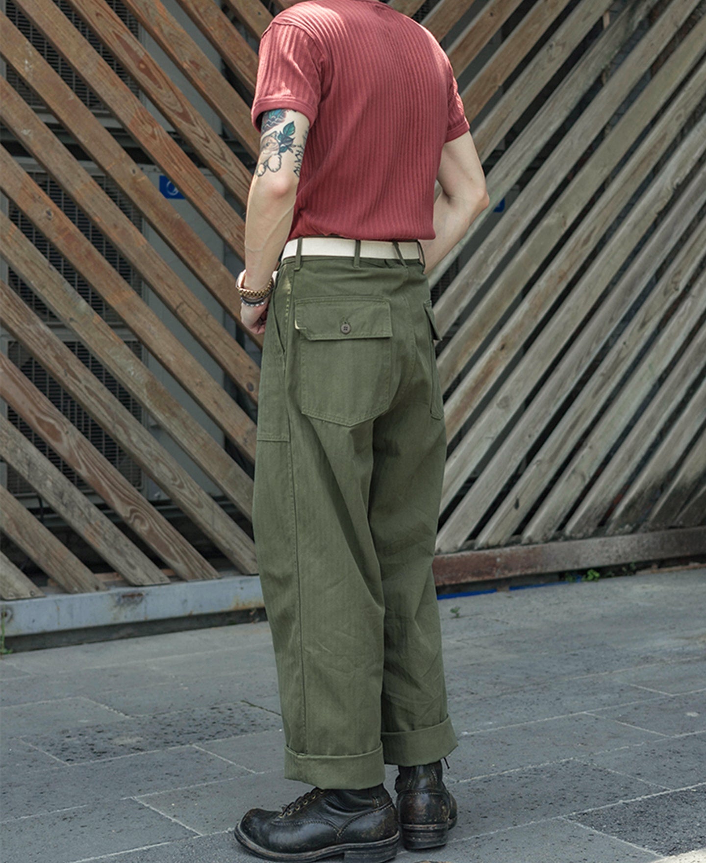 Pantalon treillis coupe décontractée vert olive, jambe large, style workwear