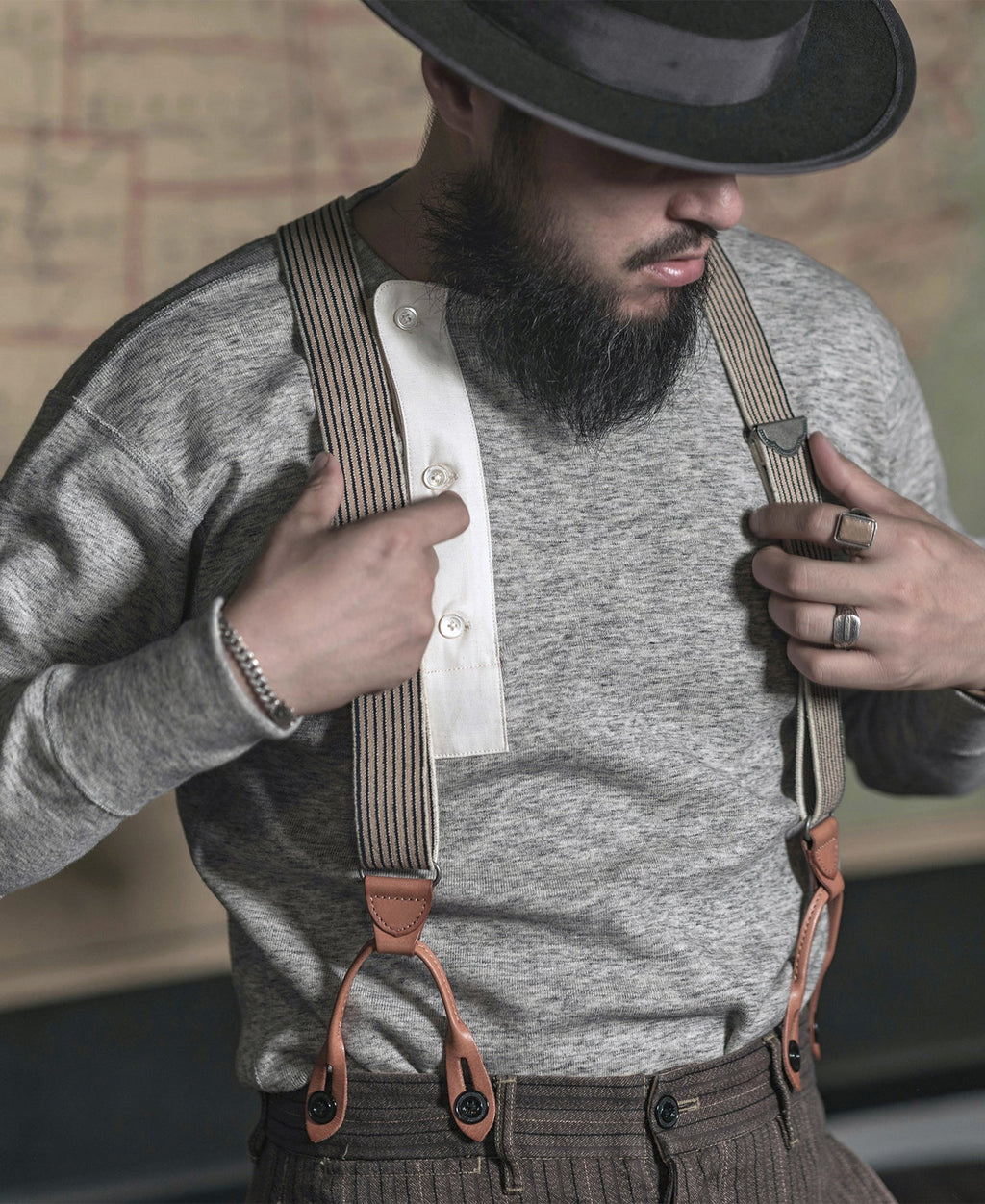 Chemise Henley à manches longues pour homme, lourde, avec patte de boutonnage grise
