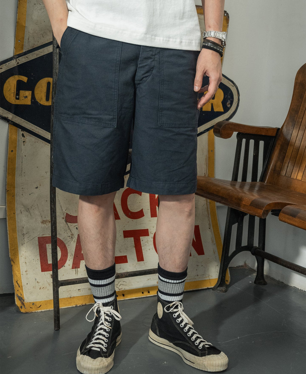 Short utilitaire en coton décontracté coupe relax pour hommes, couleur marine