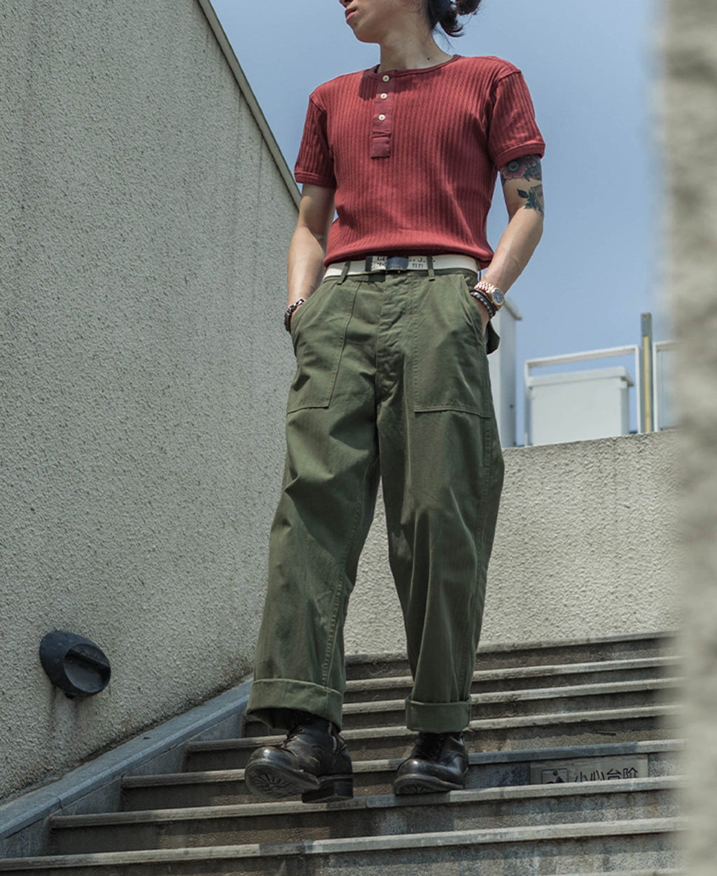 Pantalon treillis coupe décontractée vert olive, jambe large, style workwear