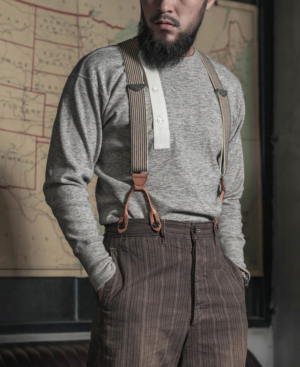 Chemise Henley à manches longues pour homme, lourde, avec patte de boutonnage grise