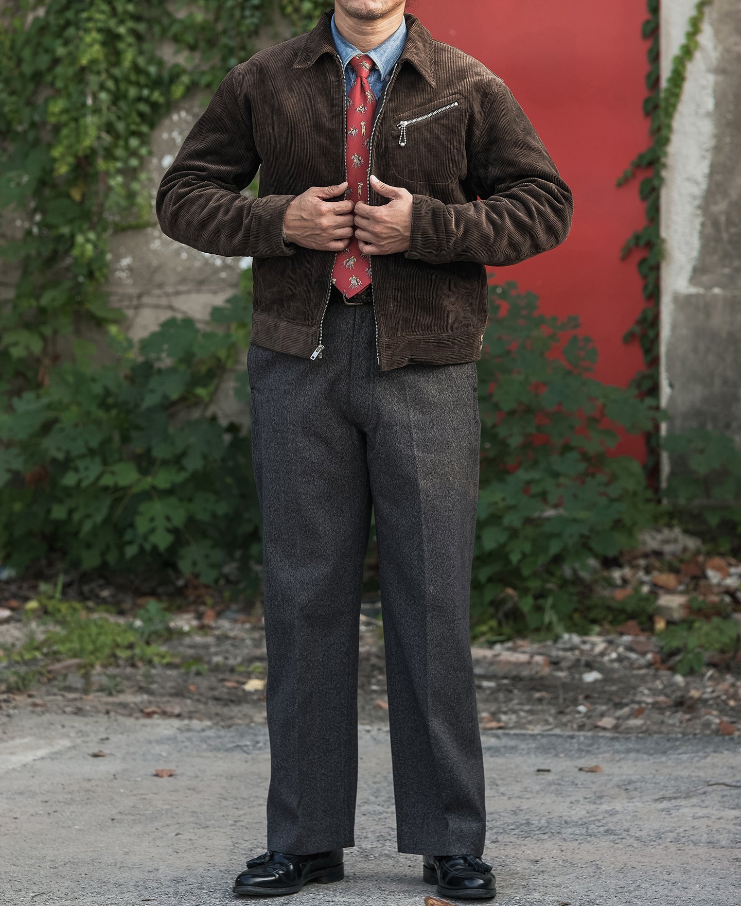 Veste décontractée zippée en velours côtelé épais marron style cosaque pour homme