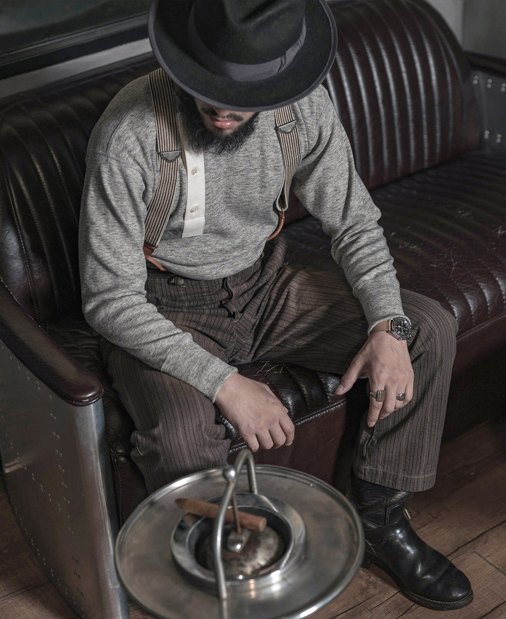 Chemise Henley à manches longues pour homme, lourde, avec patte de boutonnage grise