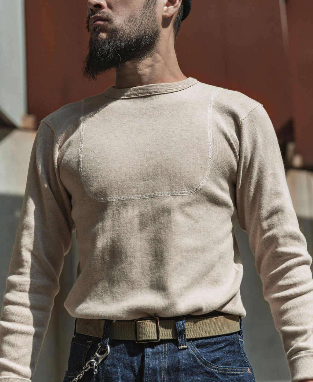 Maillot de corps en coton lourd à manches longues et col rond, abricot, style vintage