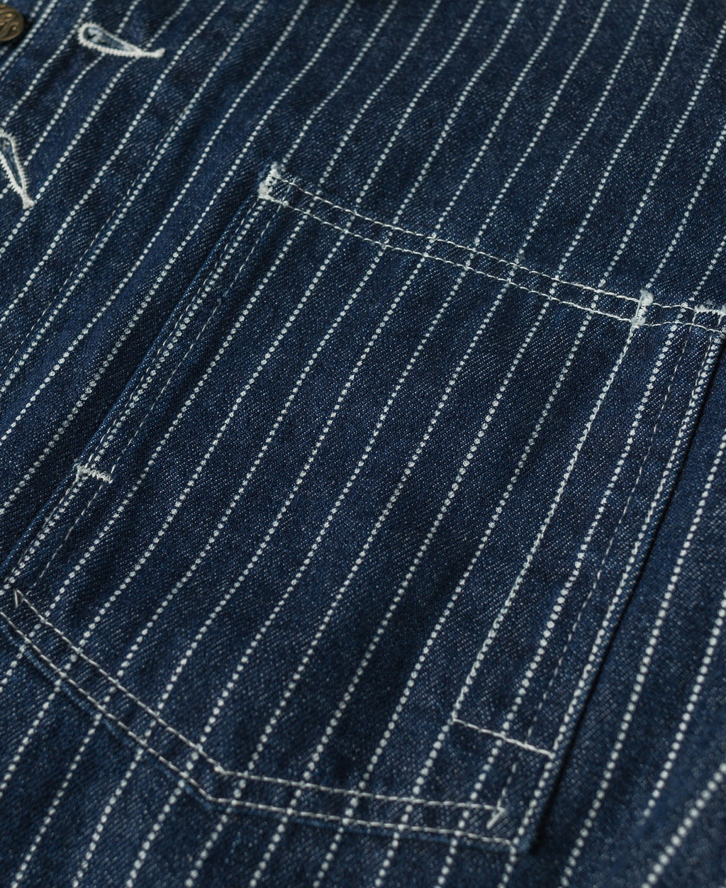 Gilet de travail sans manches à col en V, rayé indigo, avec poches multiples et fermeture boutonnée