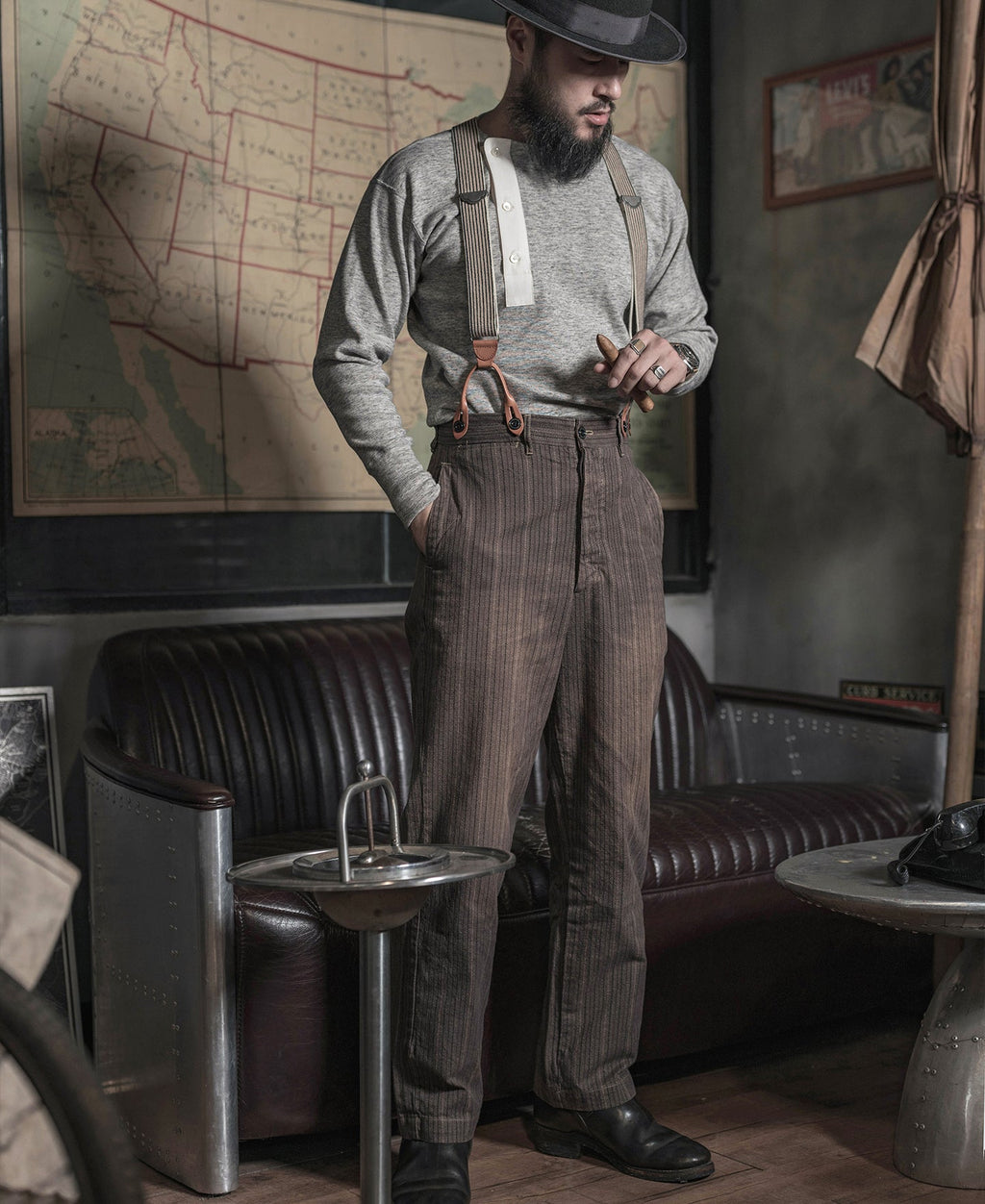 Chemise Henley à manches longues pour homme, lourde, avec patte de boutonnage grise