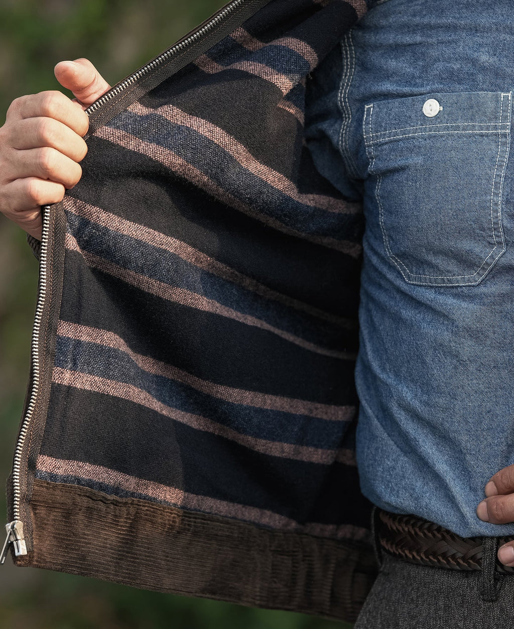 Veste décontractée zippée en velours côtelé épais marron style cosaque pour homme