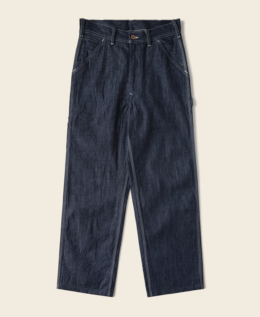 Jean toile indigo coupe large style peintre avec surpiqûres contrastantes