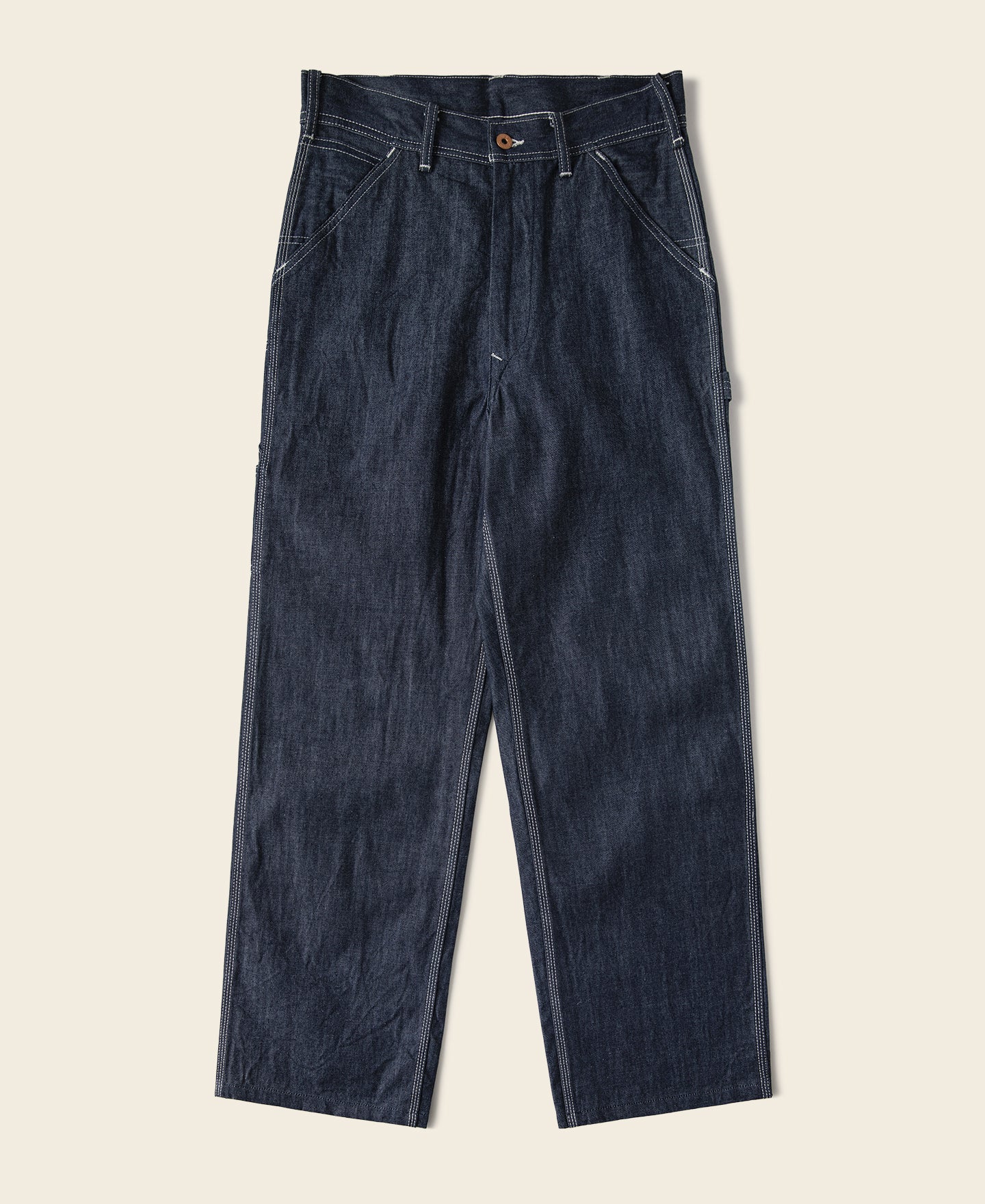 Jean toile indigo coupe large style peintre avec surpiqûres contrastantes