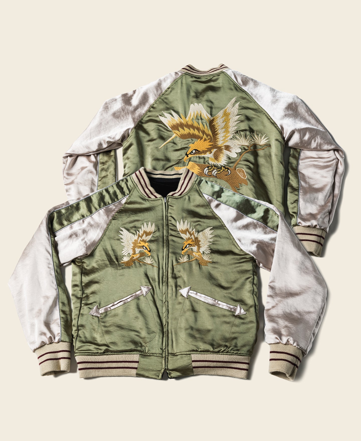 Blouson aviateur réversible satin vert blanc broderie aigle fermeture éclair