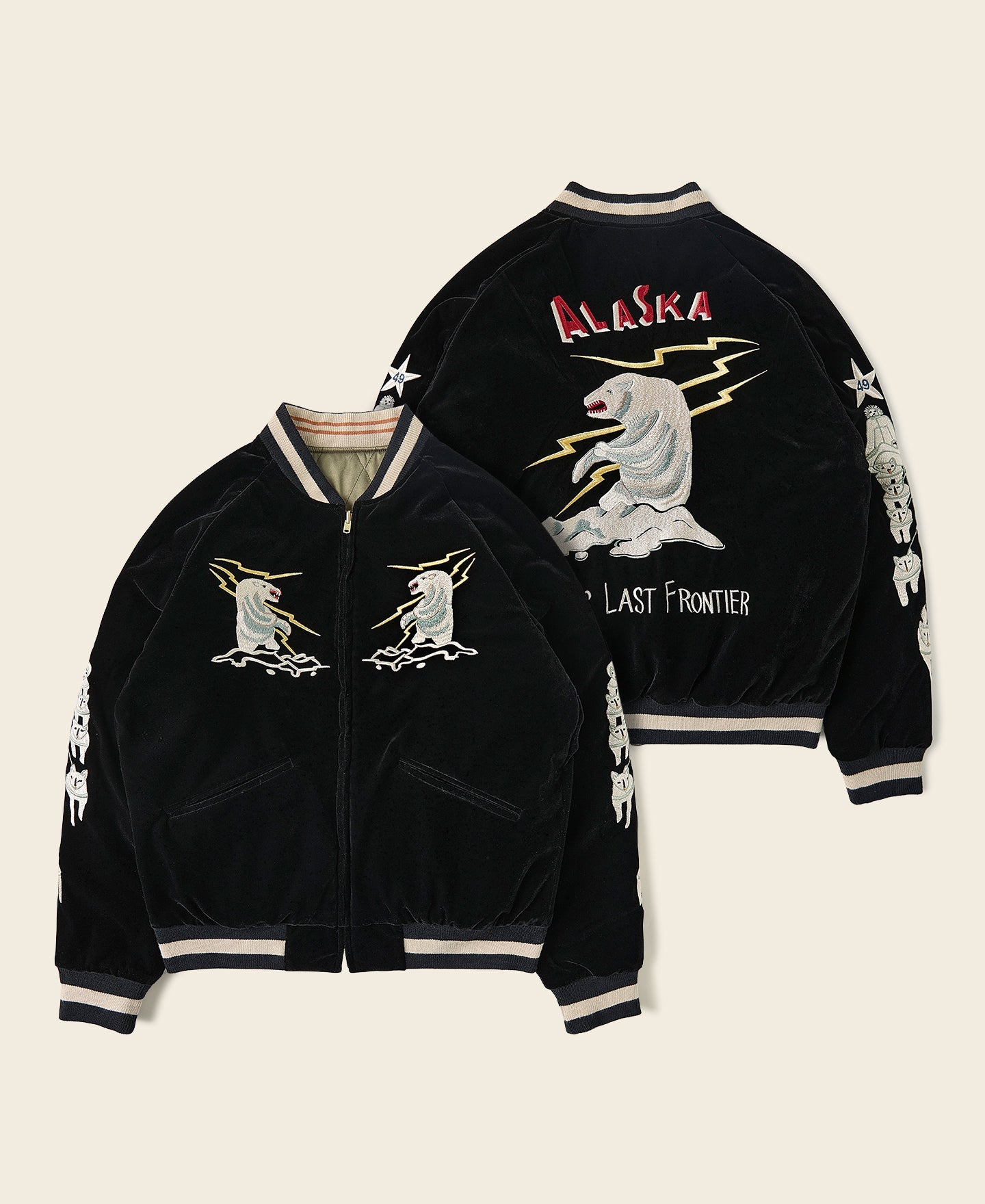 Blouson Souvenir Bomber Homme Réversible Noir Brodé Ours Polaire