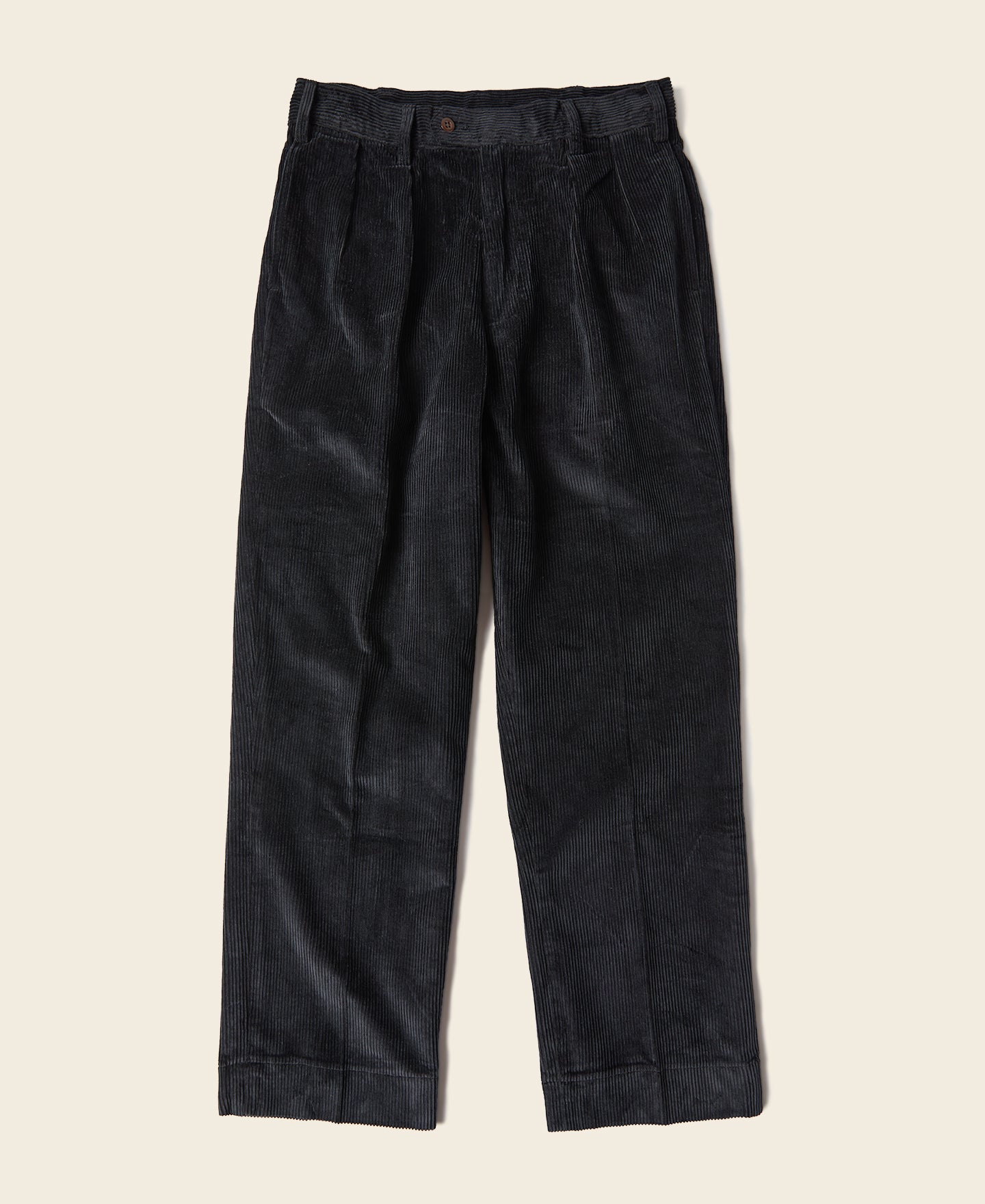 Pantalon plissé homme en velours côtelé noir, coupe ample à revers