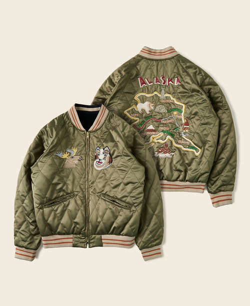 Blouson Souvenir Bomber Homme Réversible Noir Brodé Ours Polaire