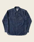 Chemise de travail Indigo en jean à manches longues, poches poitrine et boutonnage.