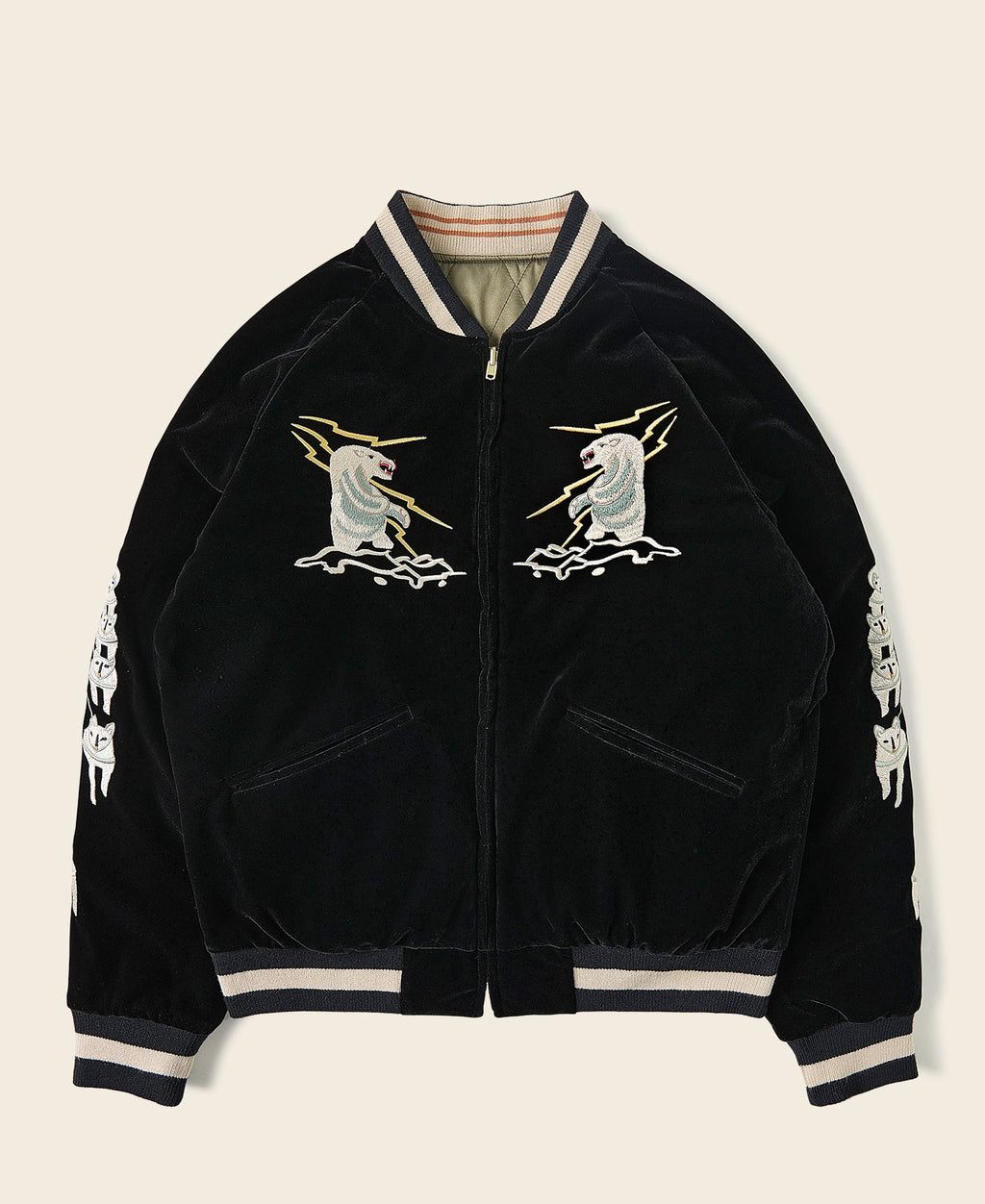 Blouson Souvenir Bomber Homme Réversible Noir Brodé Ours Polaire