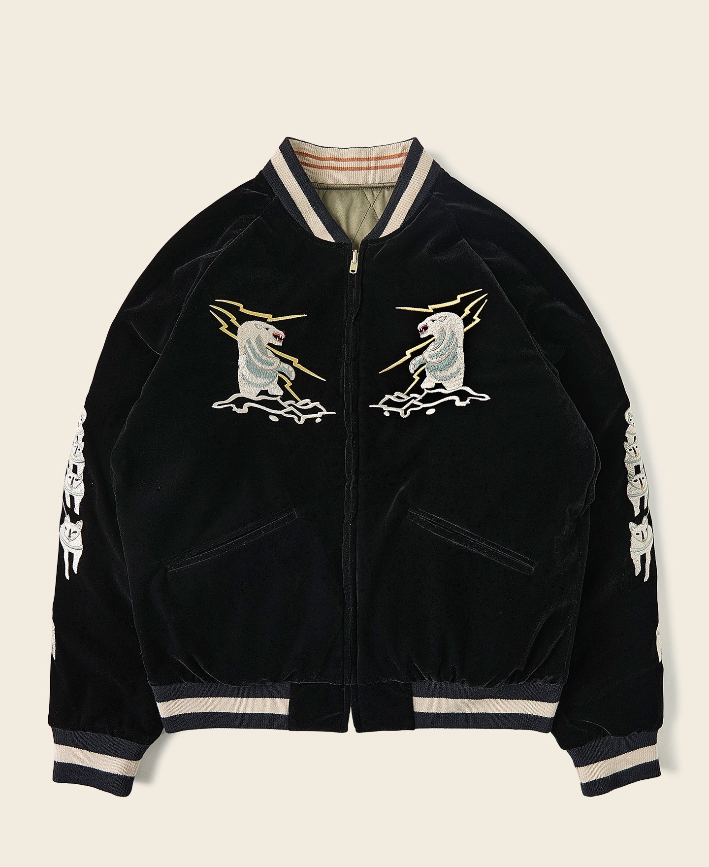 Blouson Souvenir Bomber Homme Réversible Noir Brodé Ours Polaire