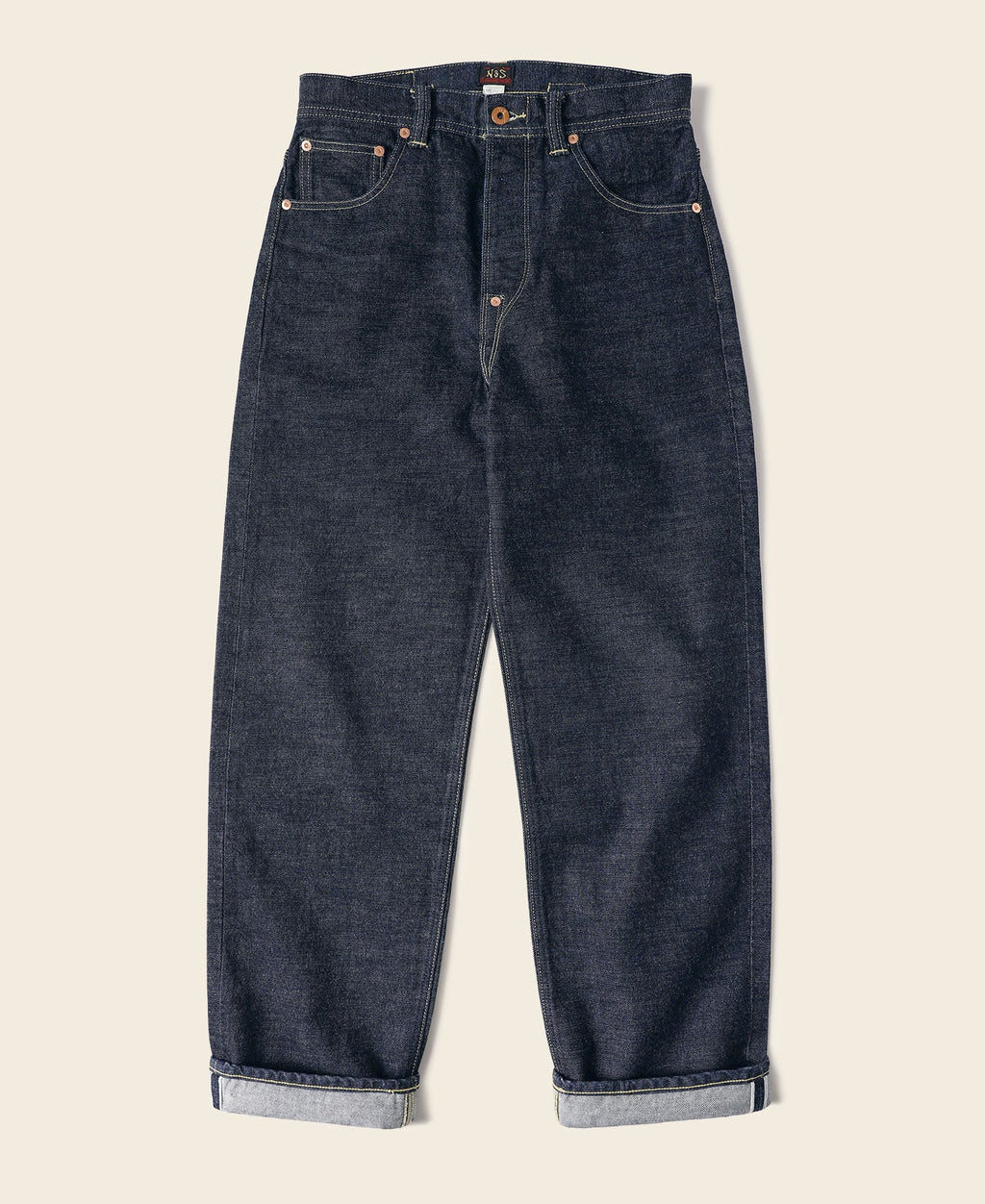 Jean large en denim selvedge indigo coupe décontractée avec revers