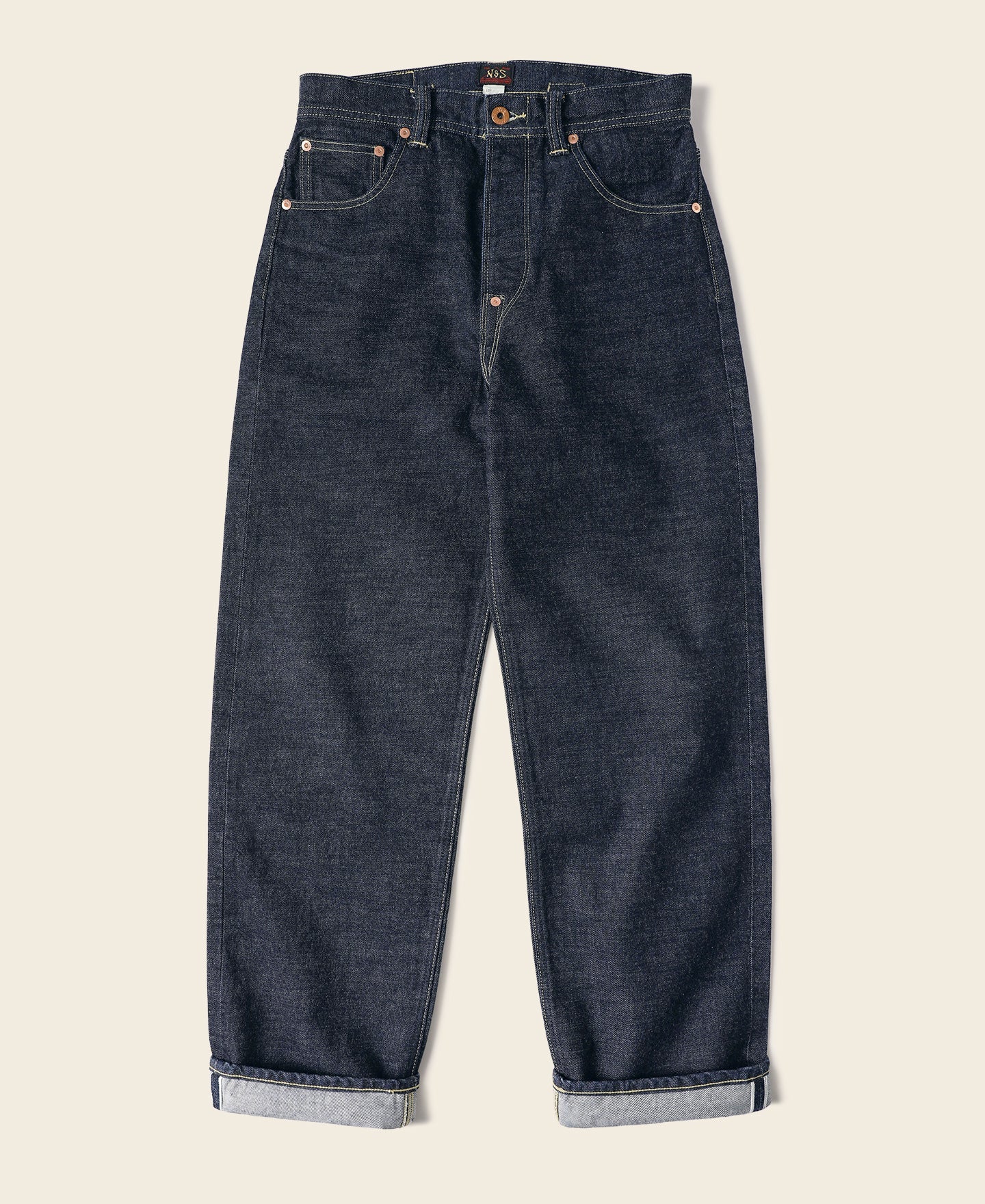 Jean large en denim selvedge indigo coupe décontractée avec revers