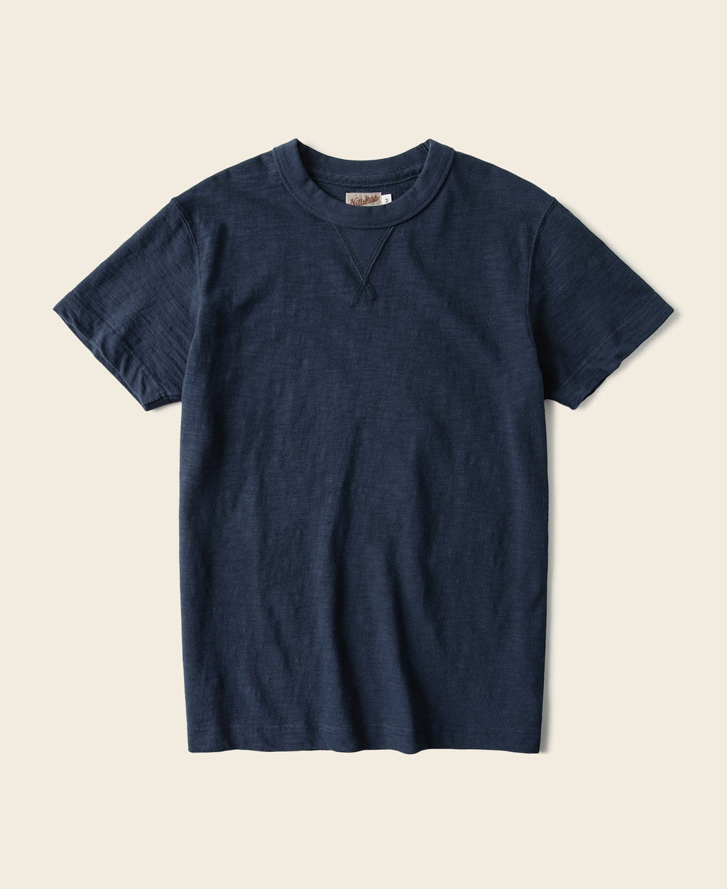 T-shirt tubulaire en coton lourd indigo à soufflet et col ras du cou, manches courtes