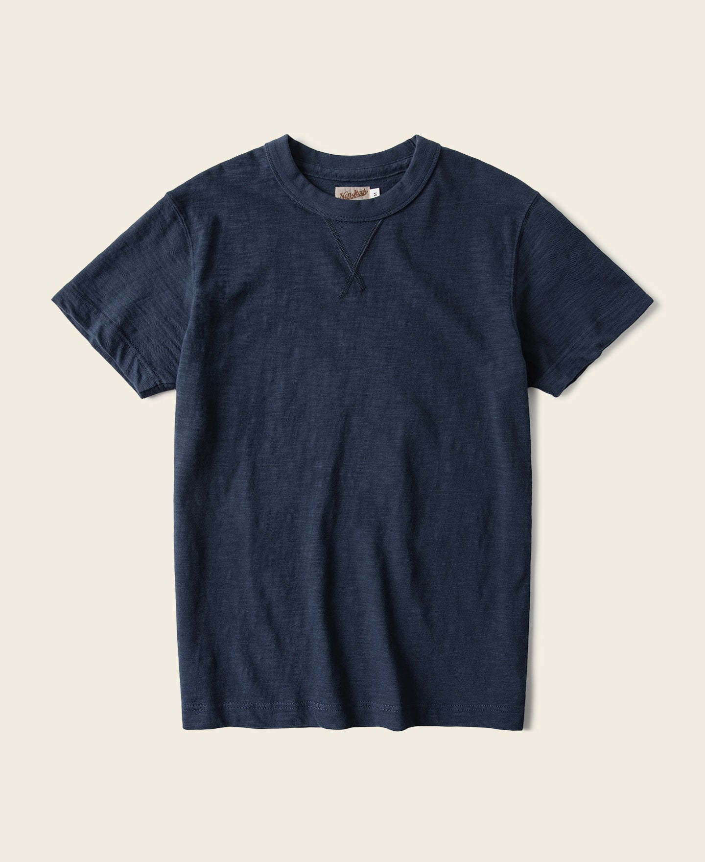 T-shirt tubulaire en coton lourd indigo à soufflet et col ras du cou, manches courtes
