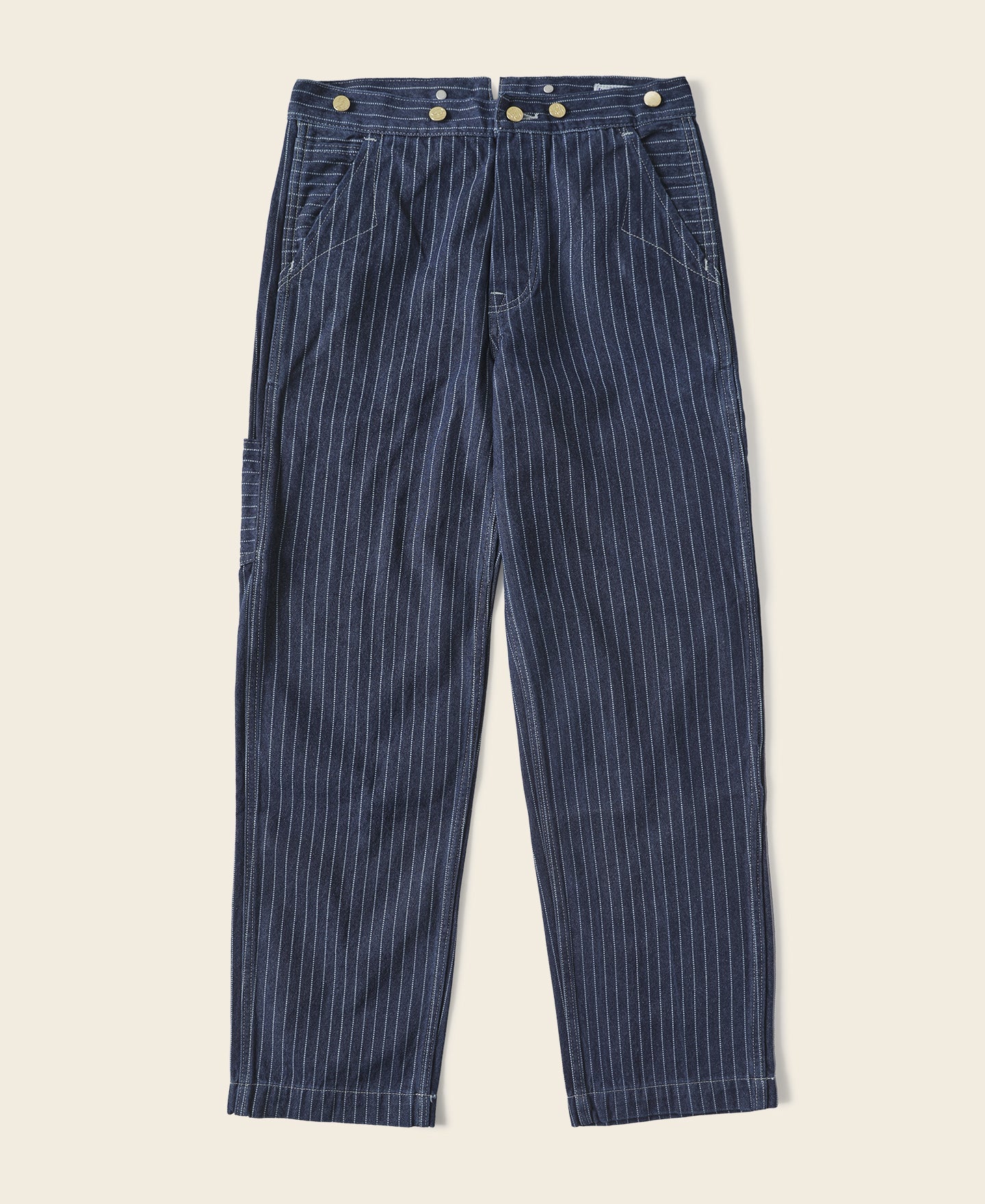 Pantalon de travail indigo à rayures fines, taille haute et boutons en laiton