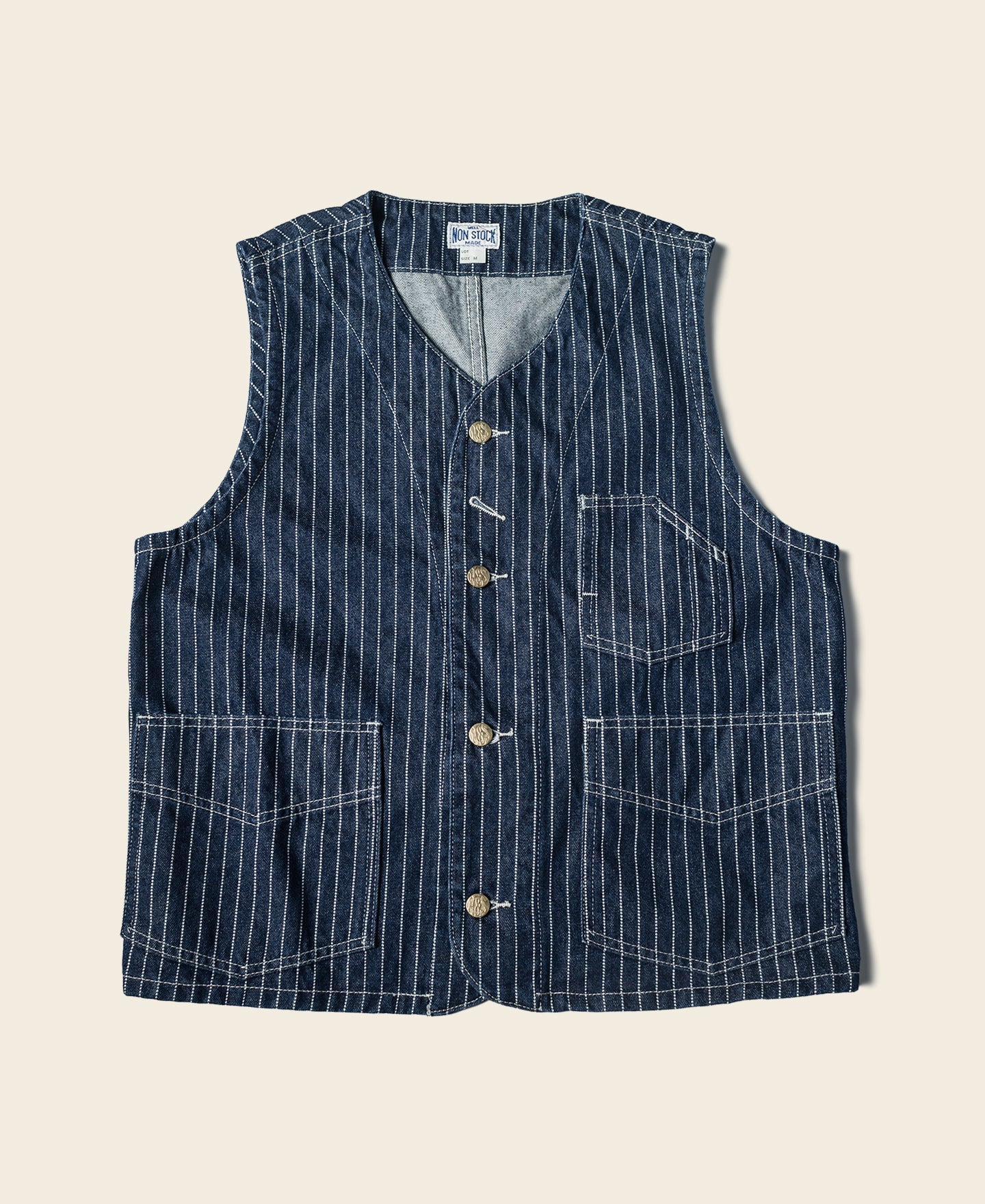 Gilet de travail sans manches à col en V, rayé indigo, avec poches multiples et fermeture boutonnée