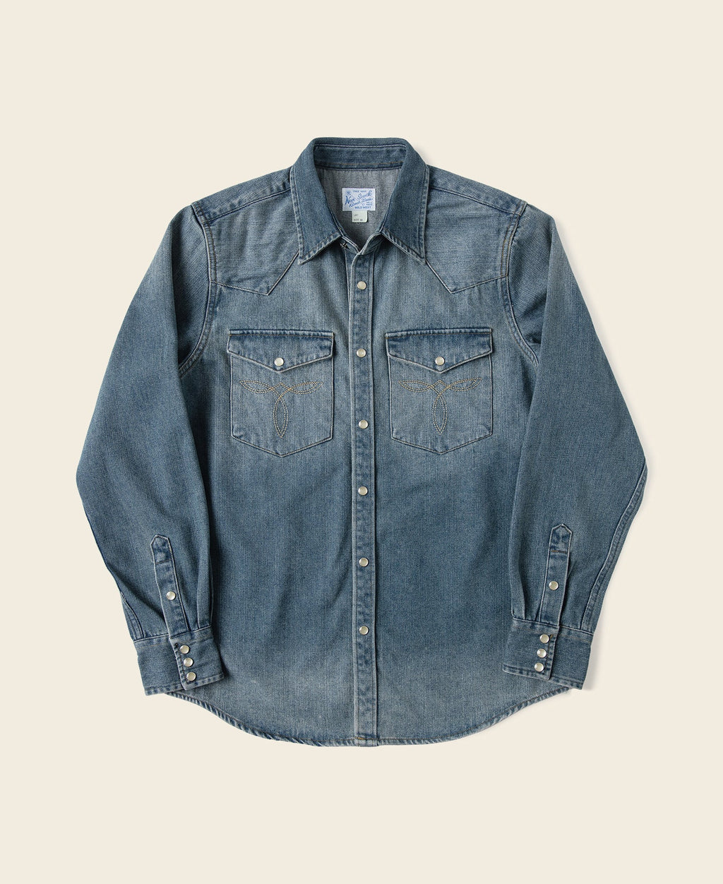 Chemise western en jean flammé bleu avec poches poitrine brodées et boutons-pression