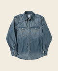 Chemise western en jean flammé bleu avec poches poitrine brodées et boutons-pression