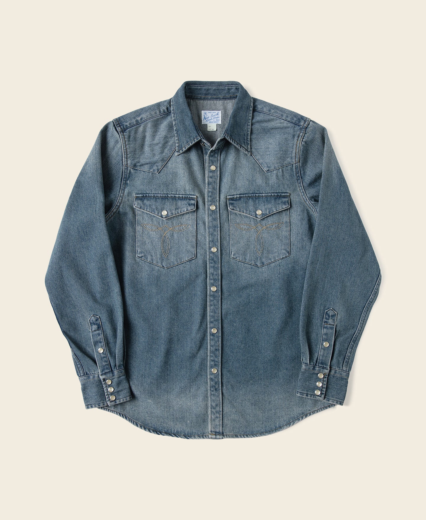 Chemise western en jean flammé bleu avec poches poitrine brodées et boutons-pression