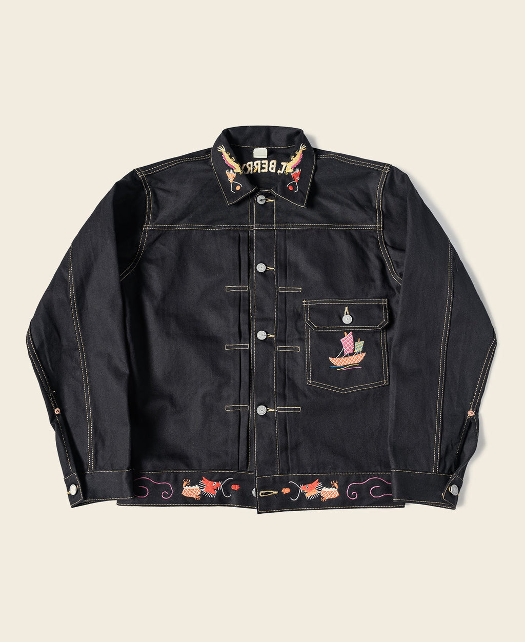 Veste de souvenir Dragon noir brodé surpiquée contrastante à boutons