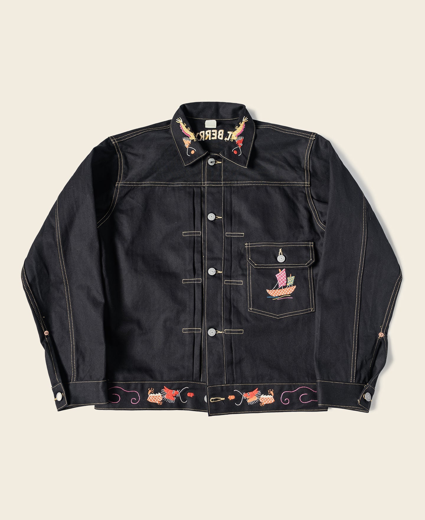 Veste de souvenir Dragon noir brodé surpiquée contrastante à boutons