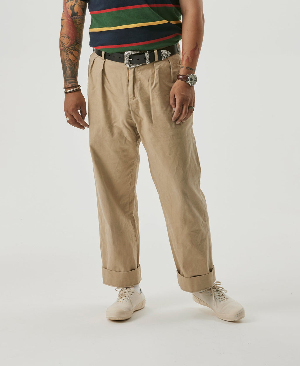 Pantalon chino homme kaki à double pli, coupe décontractée et fuselée