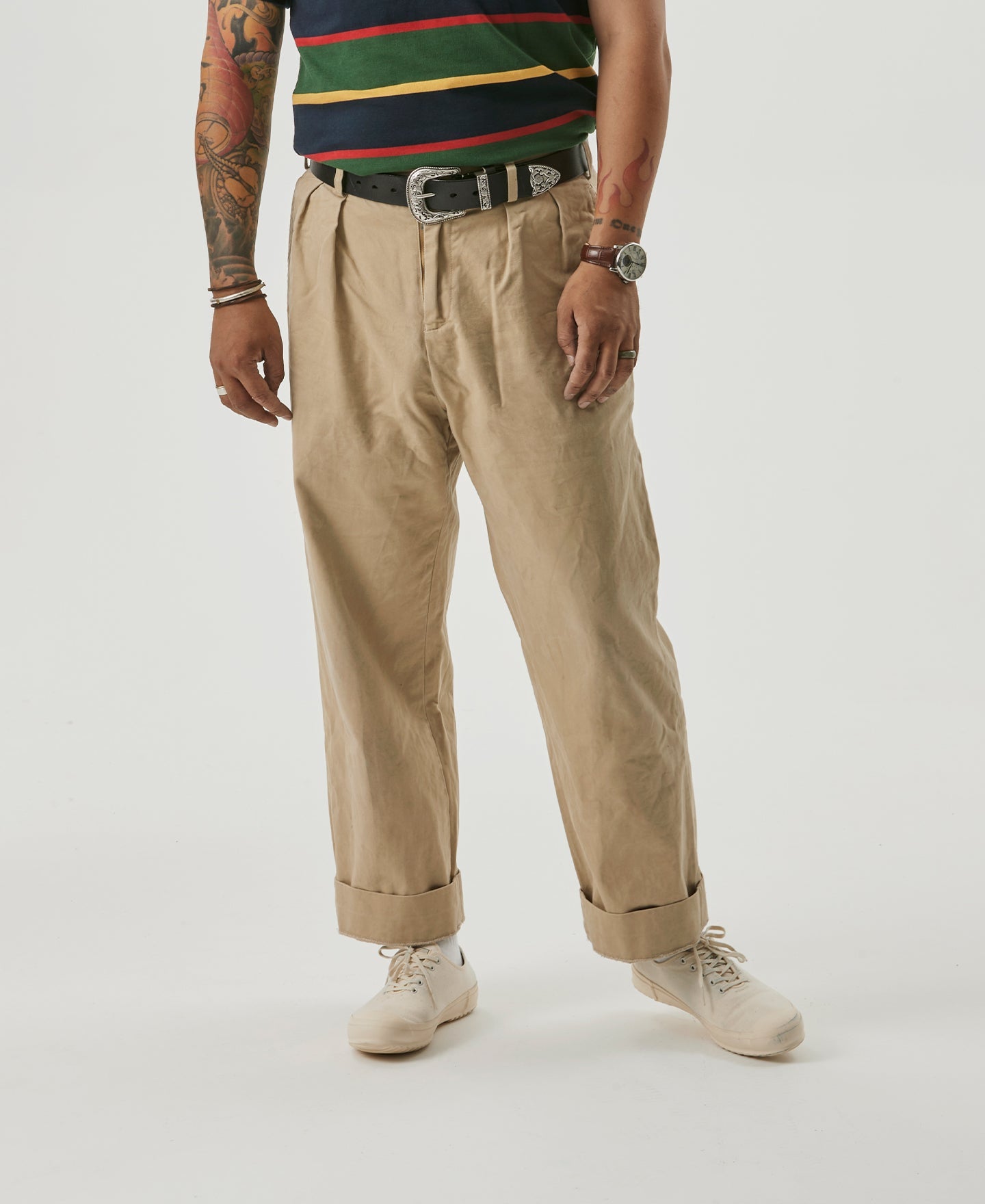 Pantalon chino homme kaki à double pli, coupe décontractée et fuselée