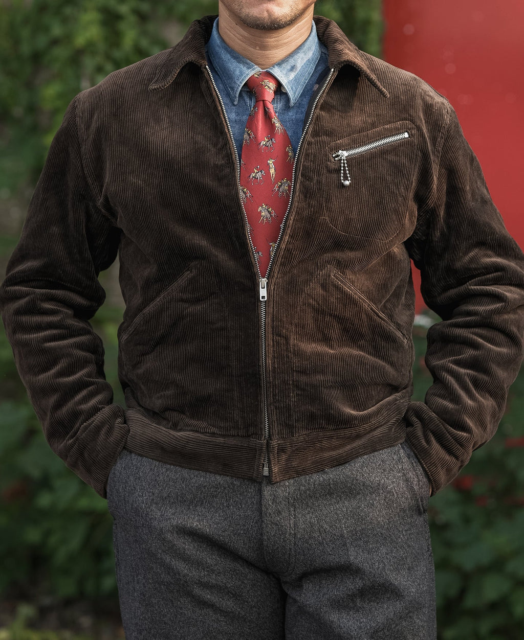 Veste décontractée zippée en velours côtelé épais marron style cosaque pour homme