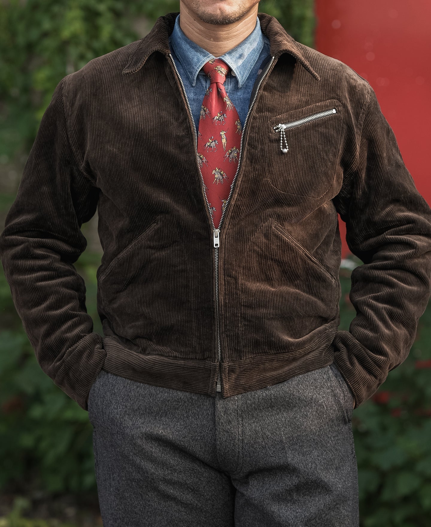 Veste décontractée zippée en velours côtelé épais marron style cosaque pour homme