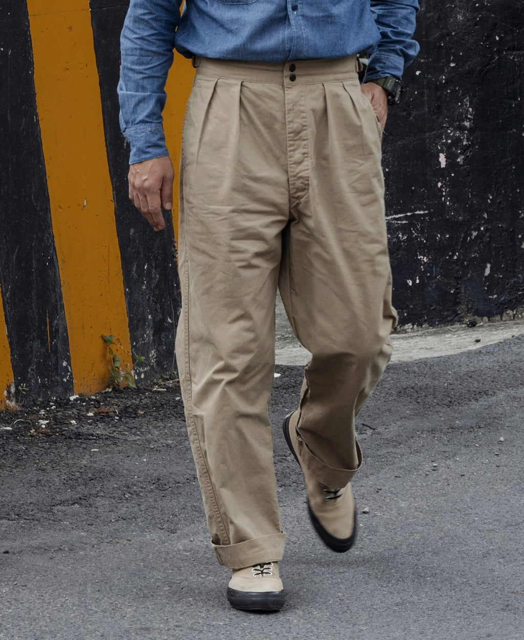 Pantalon de combat taille haute pour homme, double pli, jambe droite, kaki