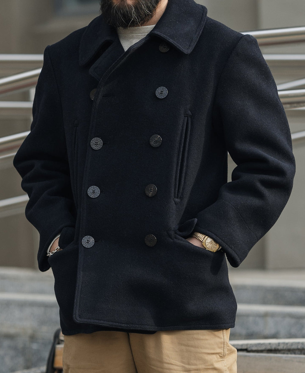 Caban en laine croisé bleu marine classique Manteau court pour homme